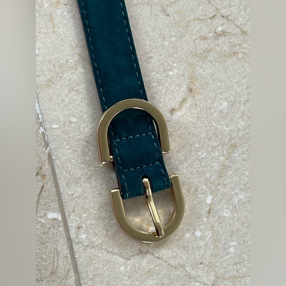 Maison Boinet Skinny Nubuck Leather Belt in Deep Turquoise w Gold Buckle 75 - Picture 8 of 16